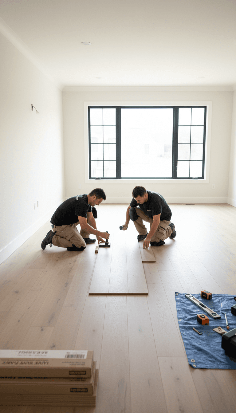 Professional flooring installation with luxury vinyl plank in bright modern home