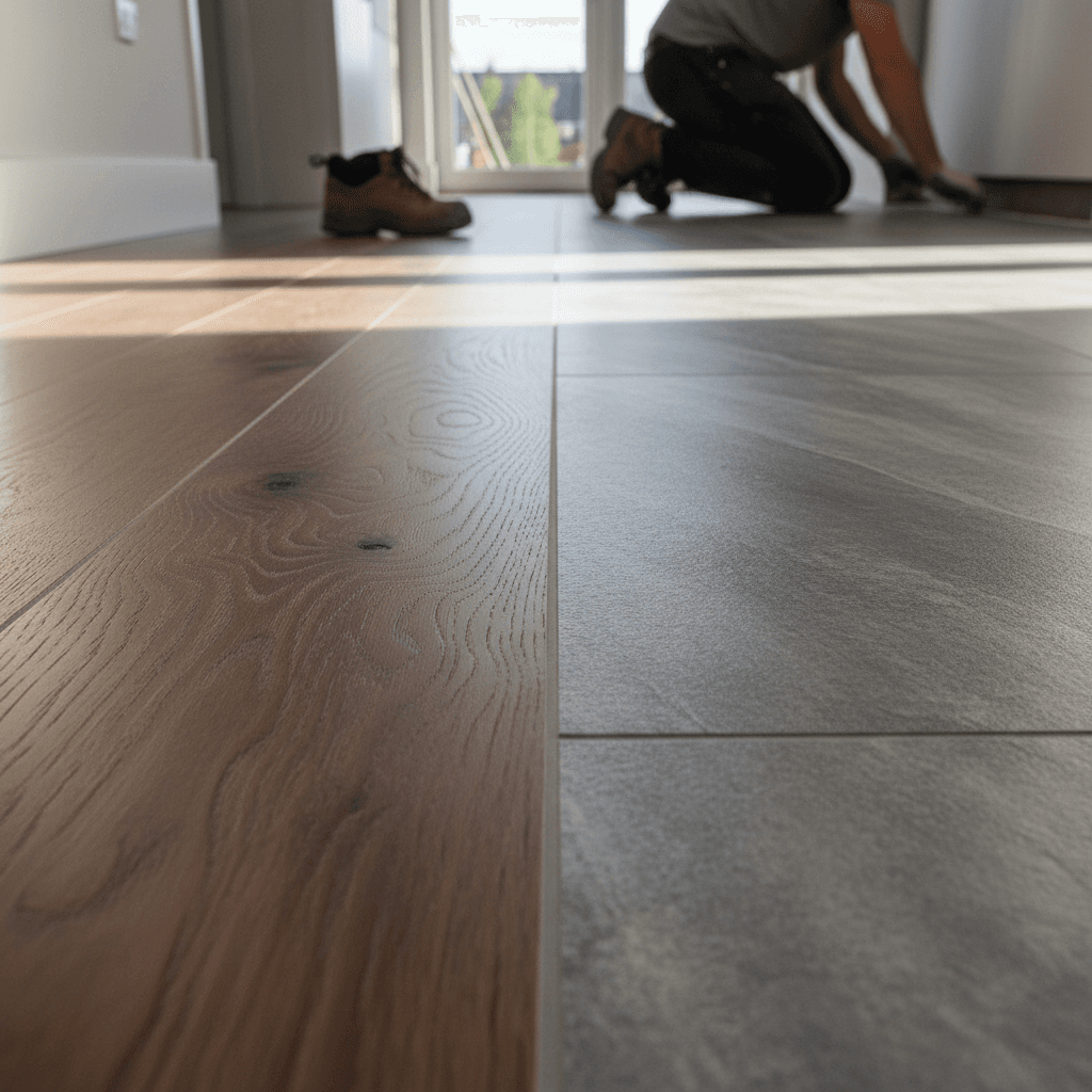 Professional flooring installation with luxury vinyl plank in bright modern home